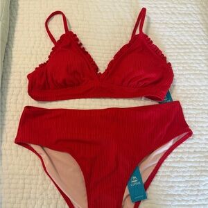 Cupshe Scarlet Ribbed Ruffle Triangle Bikini